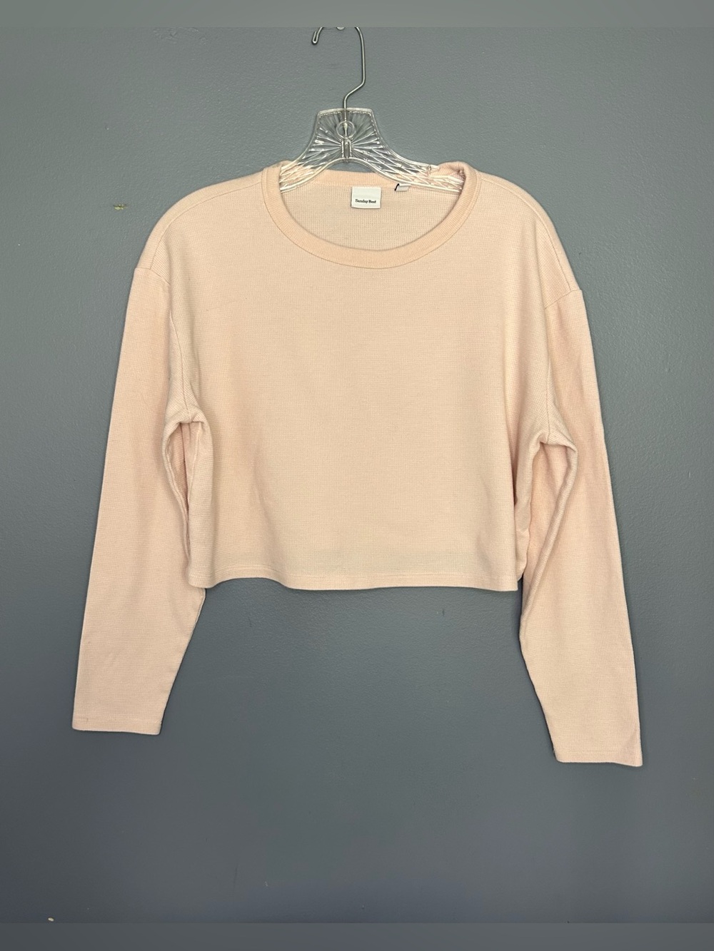 Sunday Best Shirt Womens M Pink Waffle Knit Crewneck Long Sleeve Cropped Top